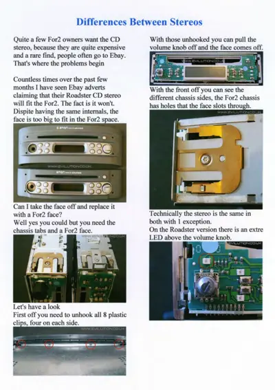 Comparison images of Roadster and For2 stereo units, chassis brackets, and plastic clip locations for removal.