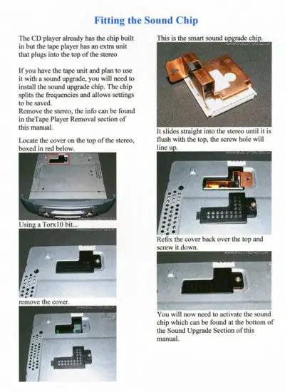 Service manual page showing sound chip installation steps with photographs of stereo unit and chip placement.