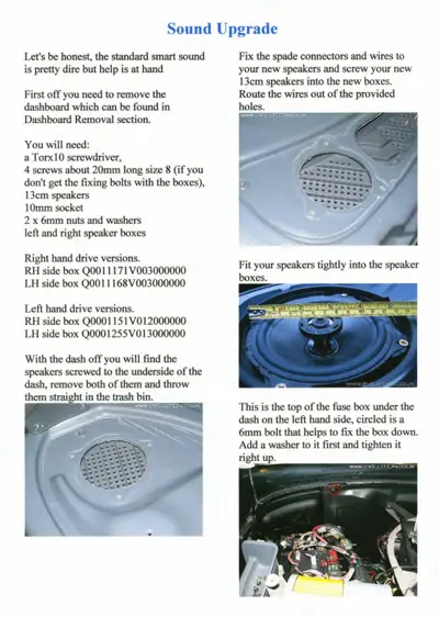 Sound upgrade instructions with photos of dashboard speaker grilles, speaker installation, and engine bay fuse box bolt location.