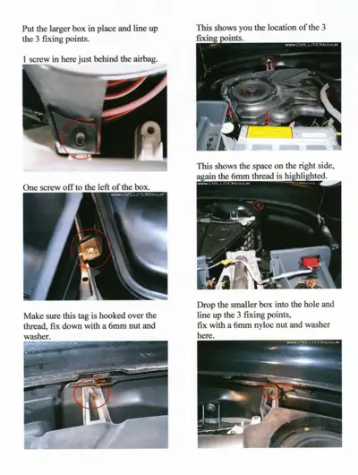 Six photos showing screw locations and mounting points for engine bay component installation with red circled callouts.