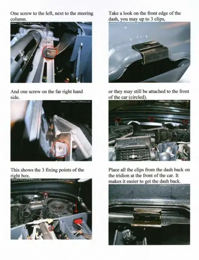 Four photos showing dashboard fastener locations and removal steps for Smart fortwo