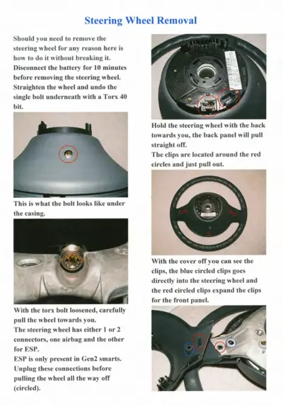 Steering wheel removal guide with four photos showing bolt, connectors, and clip locations on wheel back and front panel.