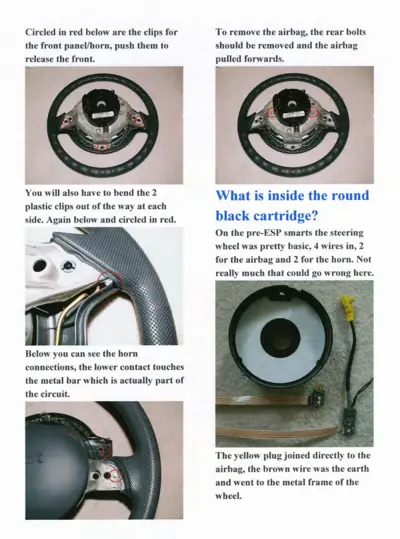 Four photos showing steering wheel airbag cartridge clips circled in red, side plastic clips, horn connections, and internal components including yellow and brown wires.