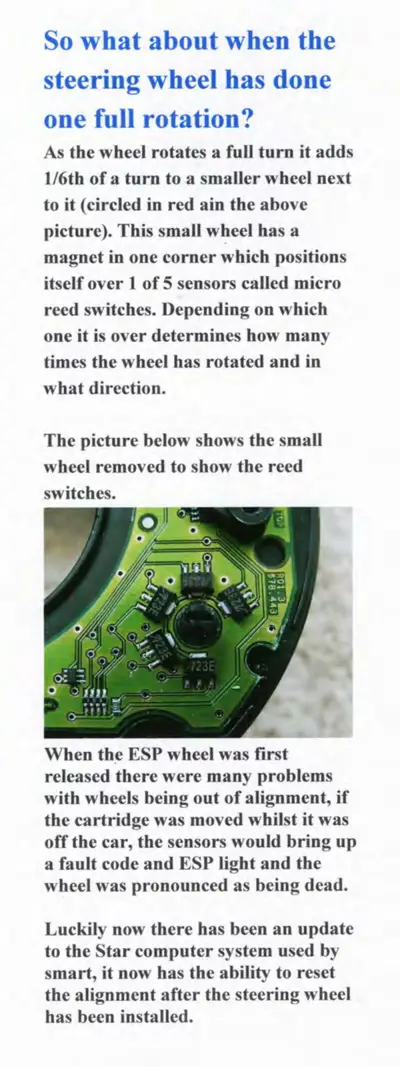 Green circuit board with micro reed switches for steering angle detection sensor.