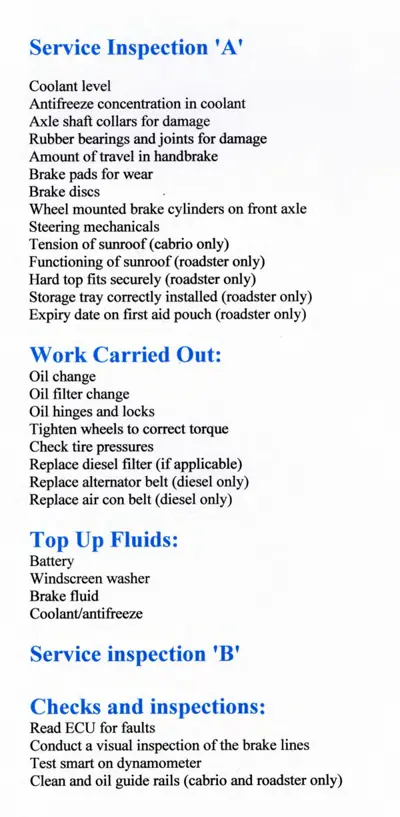 Service inspection checklist with maintenance items and work procedures for Smart vehicles.