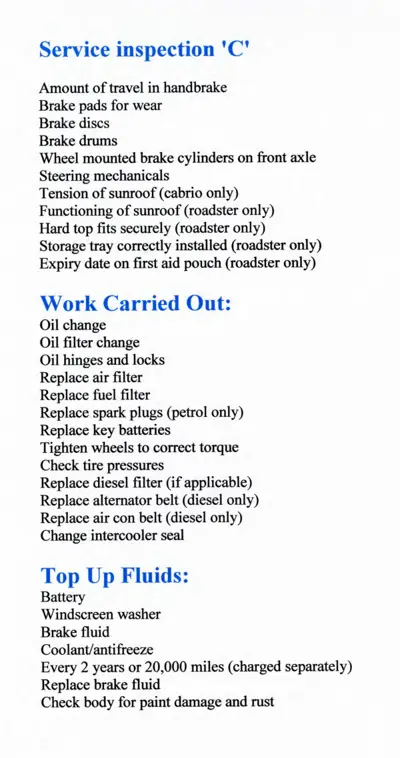 Service inspection checklist with three sections: inspection items, work carried out, and top up fluids.