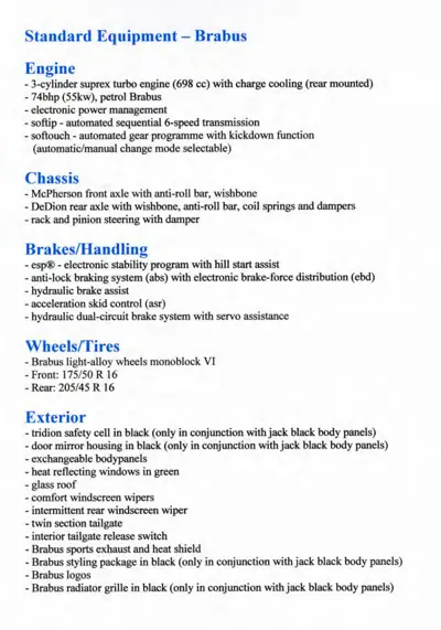 Text listing Brabus engine, chassis, brakes, wheels, and exterior equipment specifications.