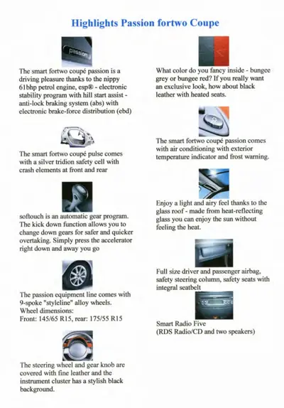 Highlights page for smart fortwo Coupe Passion model with feature descriptions and small photos.