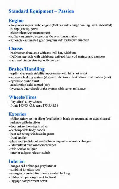 Text listing standard equipment for Smart Passion including 698cc turbo engine, suspension, braking systems, and interior trim details.