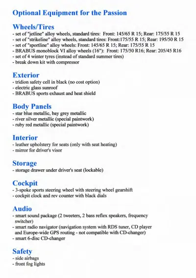 Text list of optional equipment packages and upgrades for smart Passion vehicle