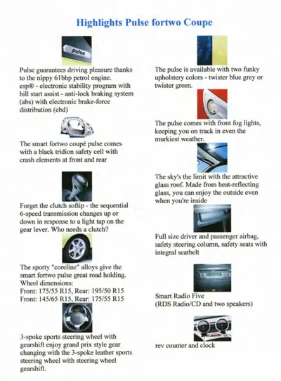 Marketing highlights page for smart Pulse fortwo Coupe model listing key features and specifications