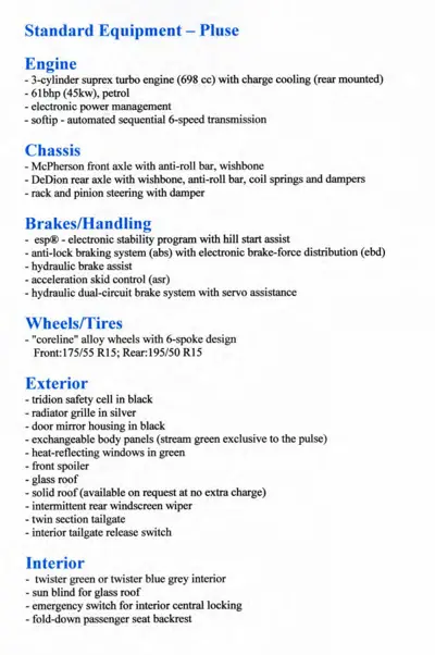 Text page detailing standard equipment specifications including 698cc turbo engine, suspension, braking systems, and interior trim options.