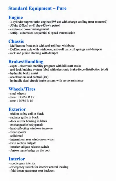 Text page detailing Pure trim level specifications including 698cc turbo engine, suspension, braking systems, and equipment