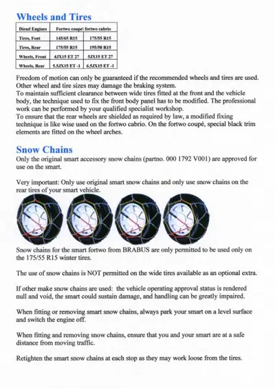 Wheels and Tires reference table with snow chain setup images and safety instructions
