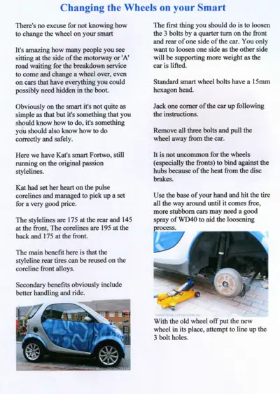 Instructions and photos for changing Smart car wheels with jack and bolt removal technique.