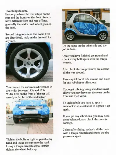 Service manual page with wheel fitment guidance, tire comparison photos, and bolt tightening procedures.