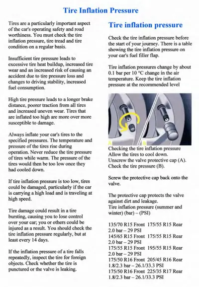 Tire pressure information page showing valve cap location and pressure specifications for various tire sizes.