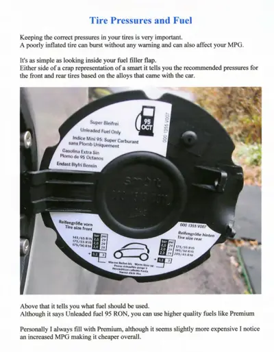Fuel door placard displaying tire sizes, pressures in bar and psi, and fuel type information.