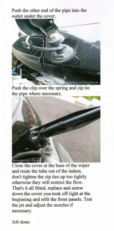 Two photos showing washer fluid tubing being routed under engine cover and secured with clips near wiper base.