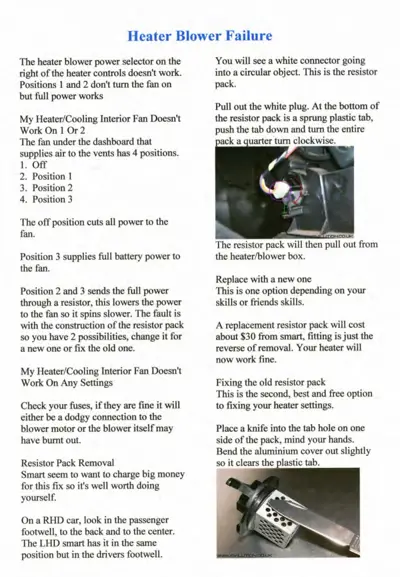 Troubleshooting guide for heater blower issues and resistor pack replacement with photos of component removal.