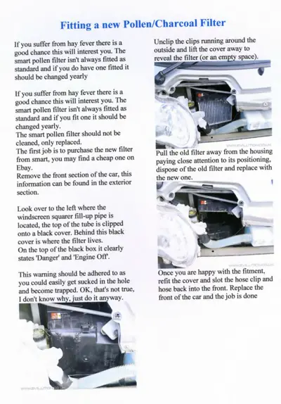 Service manual page showing how to replace the pollen/charcoal filter in a Smart car with three instructional photographs.