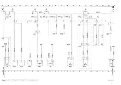Complex electrical wiring diagram with numbered fuses, relays, and wire connections labeled with alphanumeric codes.