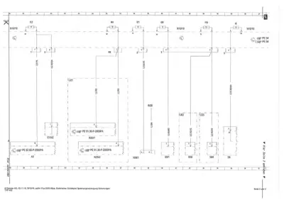Wiring schematic with fuses, relays, and electrical connections labeled with part numbers and wire gauges.