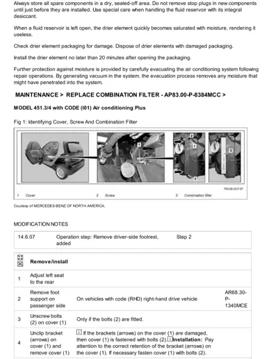Exploded view diagram showing AC filter cover, screw, and combination filter assembly with numbered callouts.