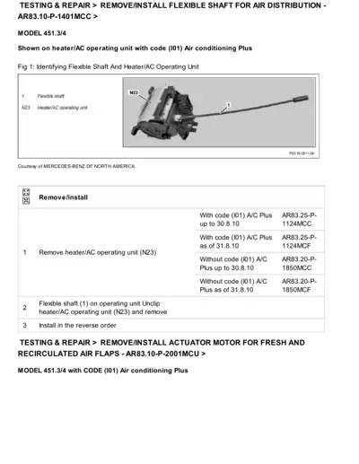 Diagram showing flexible shaft connected to heater/AC operating unit with numbered callouts and removal steps.