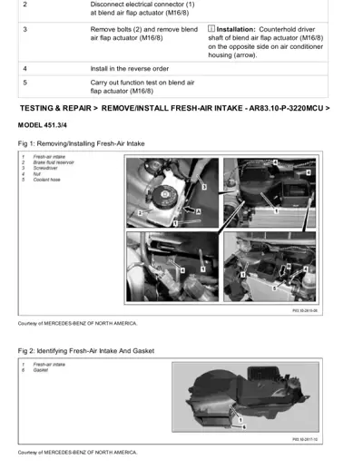 Service manual pages showing fresh-air intake removal steps and exploded view of intake assembly with gasket.