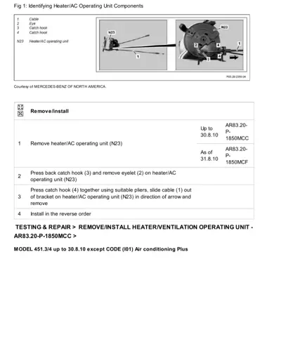 Diagram showing heater/AC unit N23 with numbered callouts for cable, bracket, and catch hooks; removal steps listed below.
