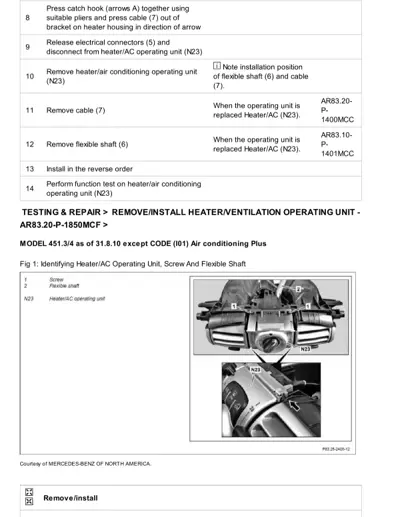Service manual page showing heater/AC unit removal steps and component identification diagram.