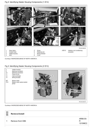 Six detailed photographs of heater housing assembly with numbered labels identifying components like snap clamps, coolant hoses, and electrical connectors.