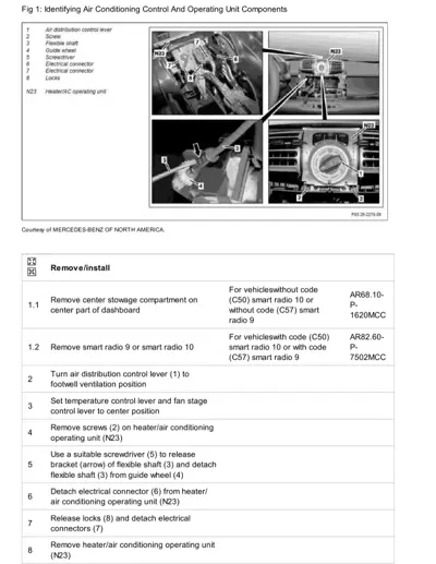 Heater AC operating unit N23 with numbered component callouts and step-by-step removal instructions.