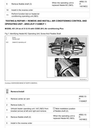 Diagram showing heater/AC unit components and removal steps for smart fortwo model 451