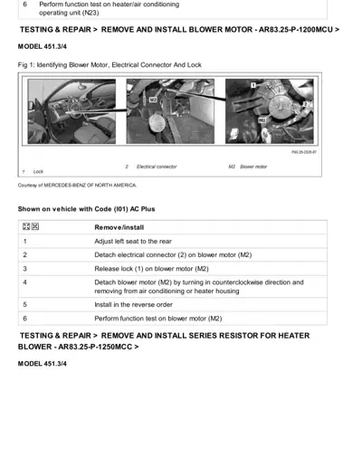 Three photos showing blower motor lock, connector, and motor position; removal/installation procedure table below.