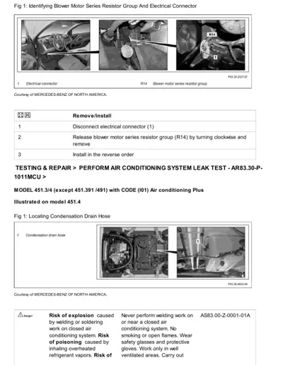 Three photos showing blower motor resistor group R14 location and electrical connector in vehicle interior.