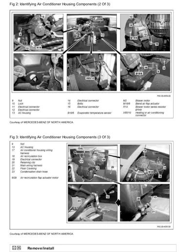 Six black and white photos showing AC housing parts with numbered callouts and component labels.