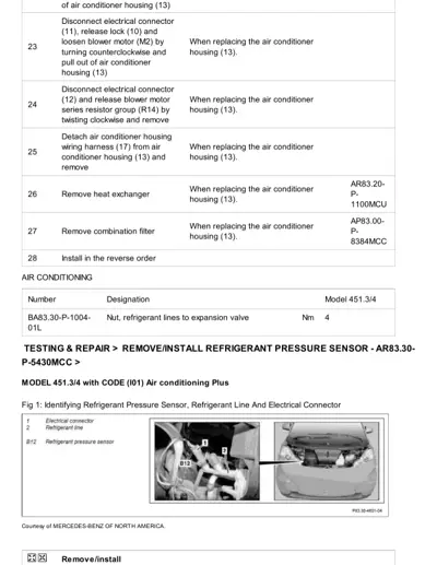 Service procedure table for AC housing removal with callout diagram showing refrigerant sensor location