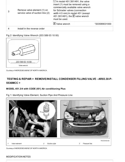 Technical diagram showing valve element, suction pipe, pressure line location, and valve wrench tool.