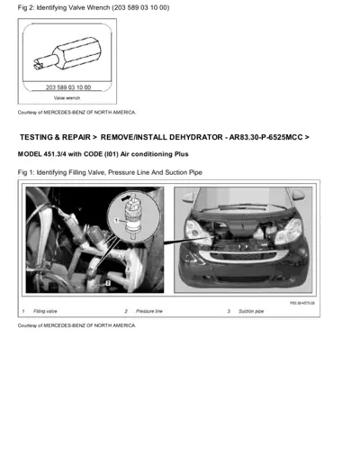 Valve wrench tool diagram and AC system component identification on smart fortwo with callout labels.