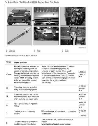 Labeled diagrams of AC filter drier assembly with callout numbers 4-9 identifying parts and tools.
