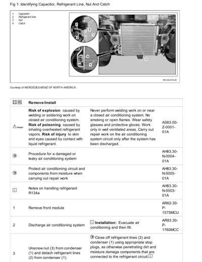 Diagram showing capacitor, refrigerant line, nut and catch locations on AC condenser with safety warnings.