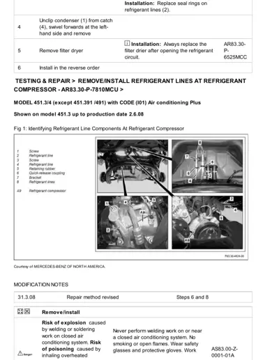 Four photos showing refrigerant compressor lines and components with numbered callouts on smart 451 chassis.
