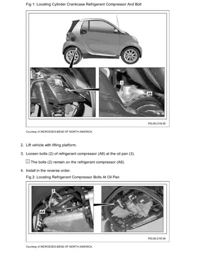 Three photos showing smart car exterior and undercarriage views of AC compressor mounting location with callout labels.