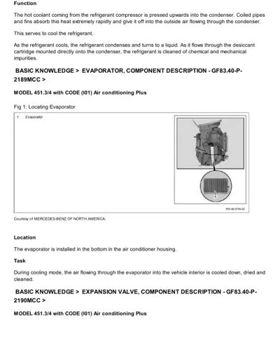 Evaporator component diagram showing location in AC housing with detailed view of cooling fins