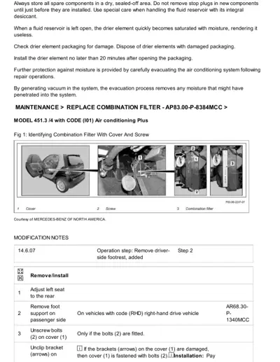 Step-by-step diagram identifying combination filter cover and screw locations on smart car AC system.