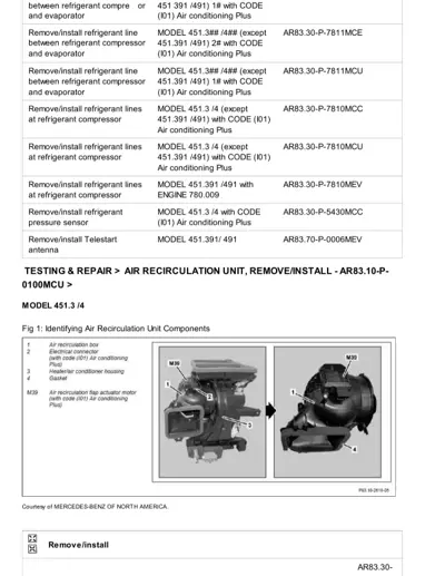 Exploded view diagram showing air recirculation unit parts with numbered callouts and component labels.