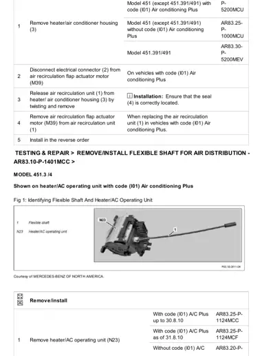 Service manual page showing heater/AC unit removal steps and exploded view diagram with labeled components.