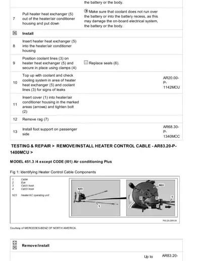 Service procedure steps 7-13 for heater heat exchanger and control cable with exploded component diagram.